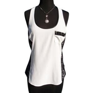 Cache Peek A Boo Black Lace Back Cami Top White Front Stretch Cut-In $98 NWT
